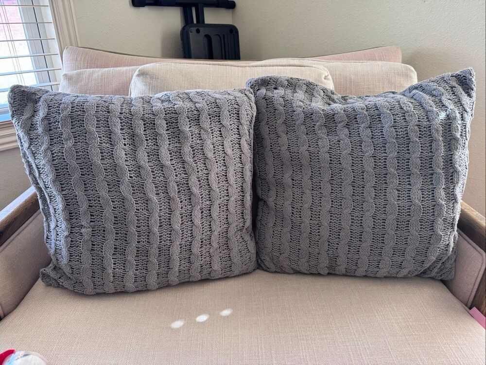 Ash Grey woven textured cable knit decorative pillows bundle of 2